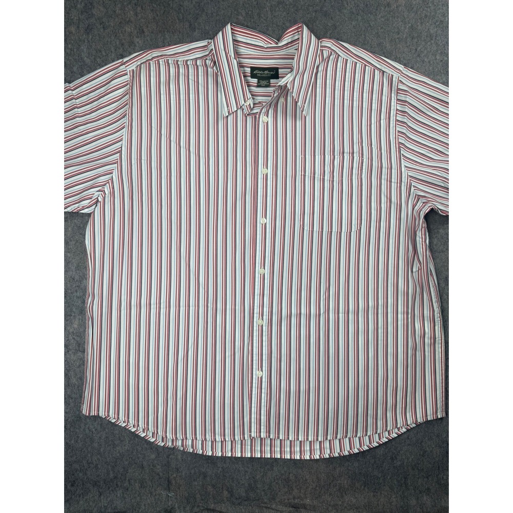 Eddie Bauer Mens XXL Relaxed Fit Short Sleeve Striped Button Down Shirt Red Blue